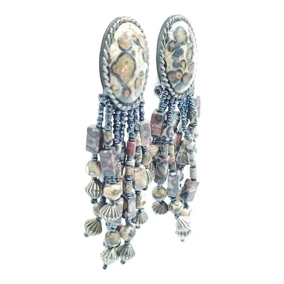 Brown Leopard Jasper Dangle Drop Boho Earrings Silver Tone Vintage - Picture 2 of 7